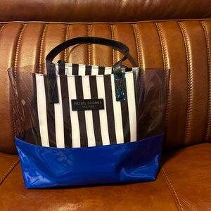 HENRI BENDEL Colorblock Stripe Black White Blue Clear Transparent Tote Bag RARE